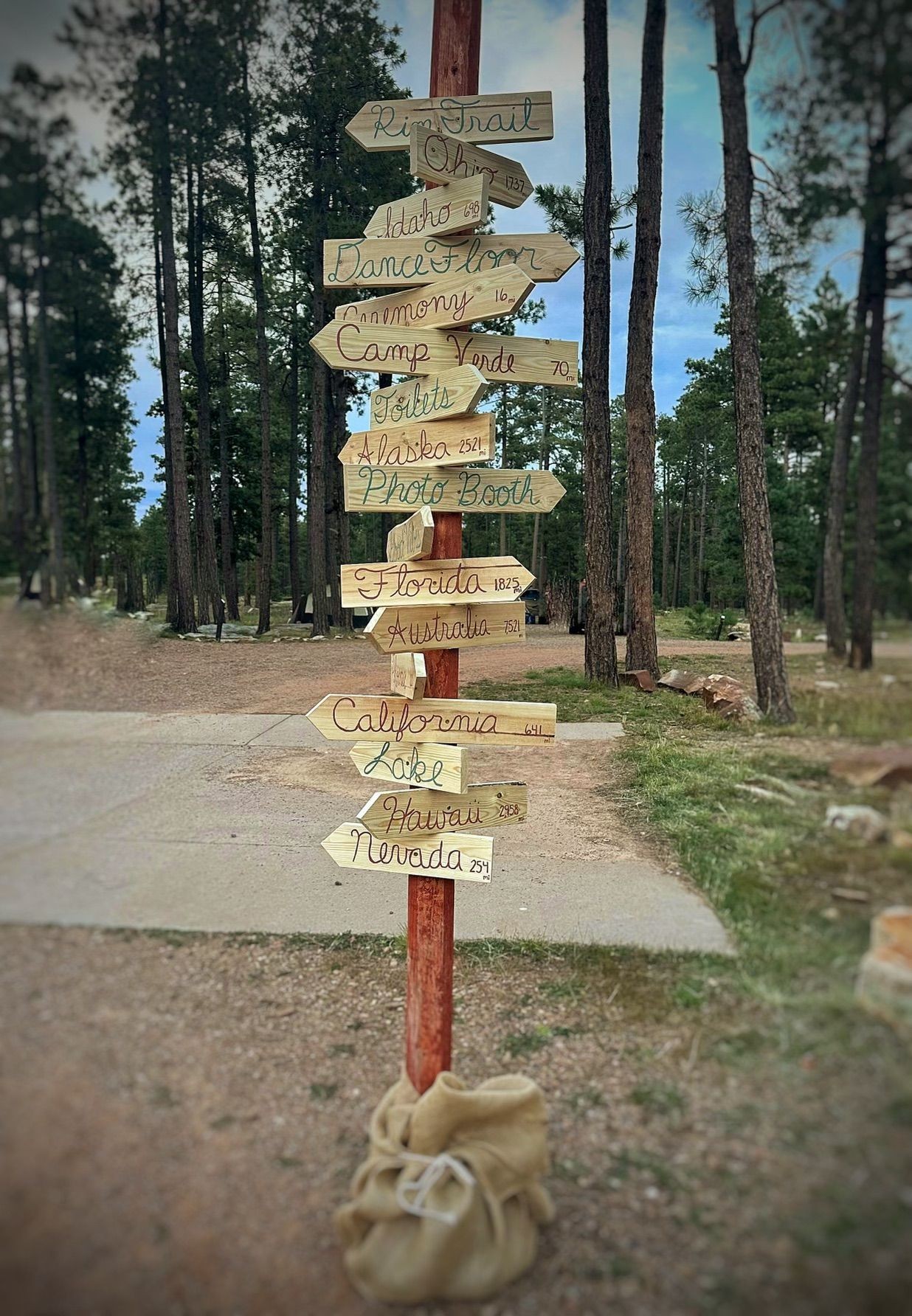 Wooden signpost with various directional signs indicating different locations and distances in a forested area.