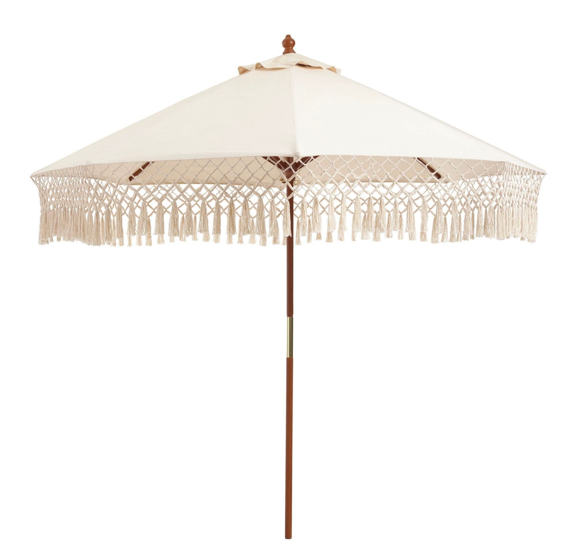 Large beige patio umbrella with a wooden pole and decorative fringe around the edges.