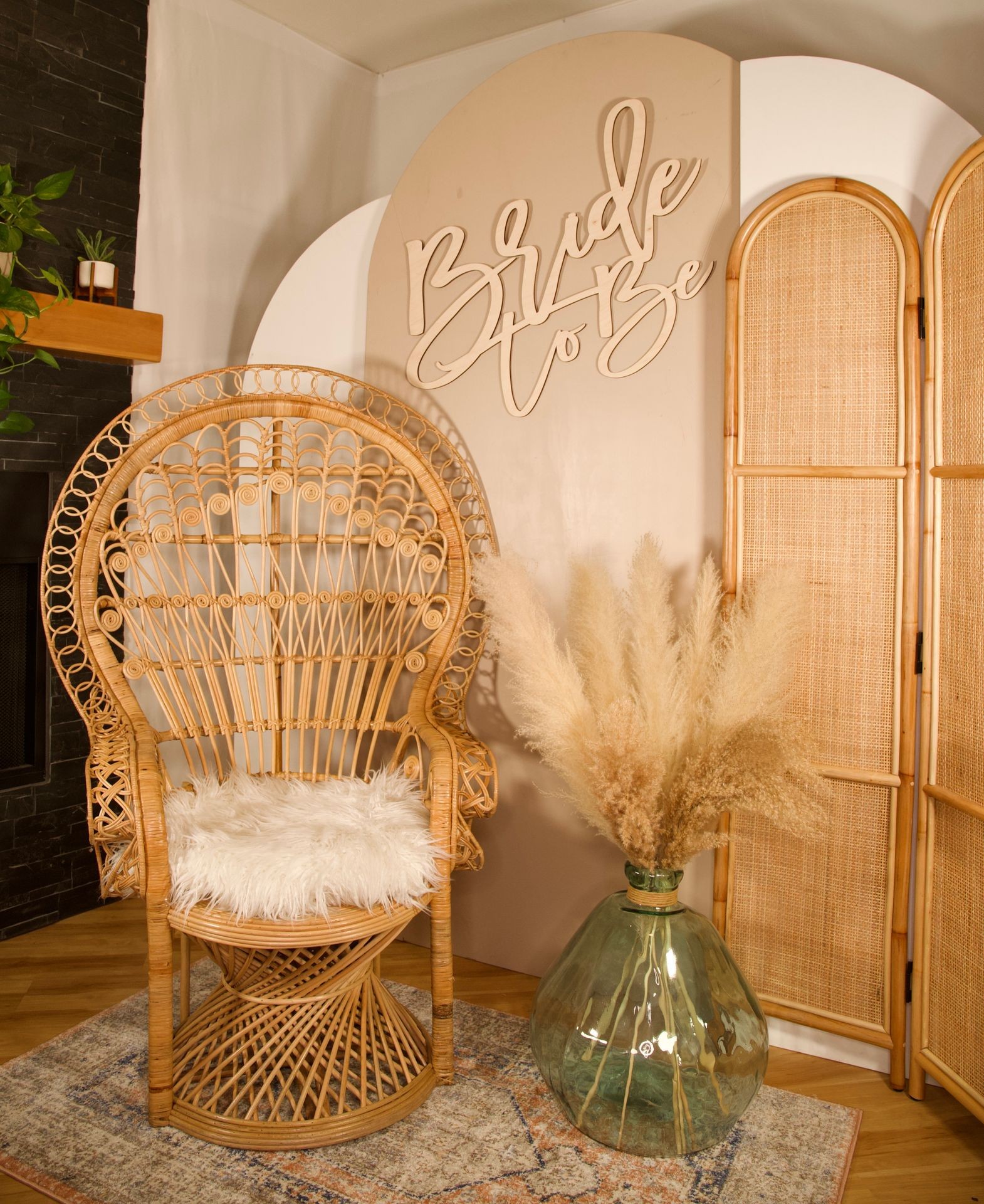 boho, peacock chair, "bride to be" sign for bridal shower, wedding, pampas with floor vase